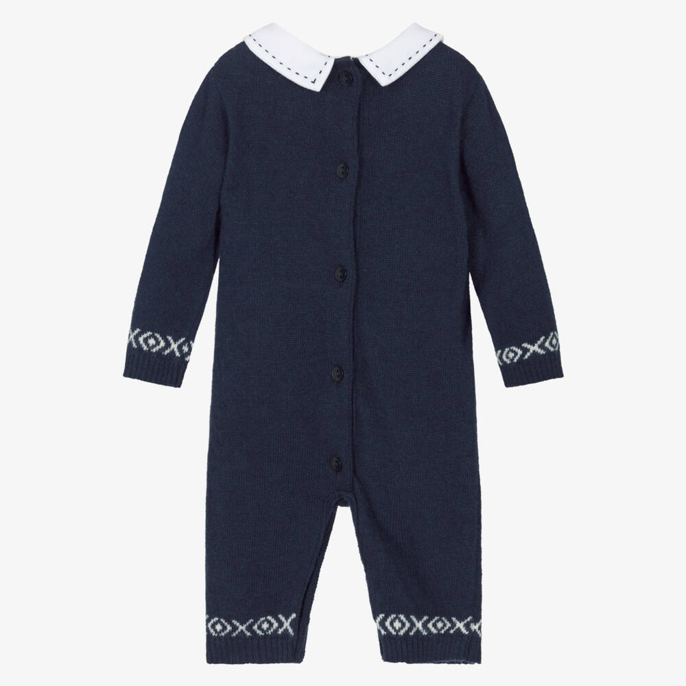 Patachou-Baby Boys Blue Merino Wool & Cashmere Blend Bear Romper | Childrensalon