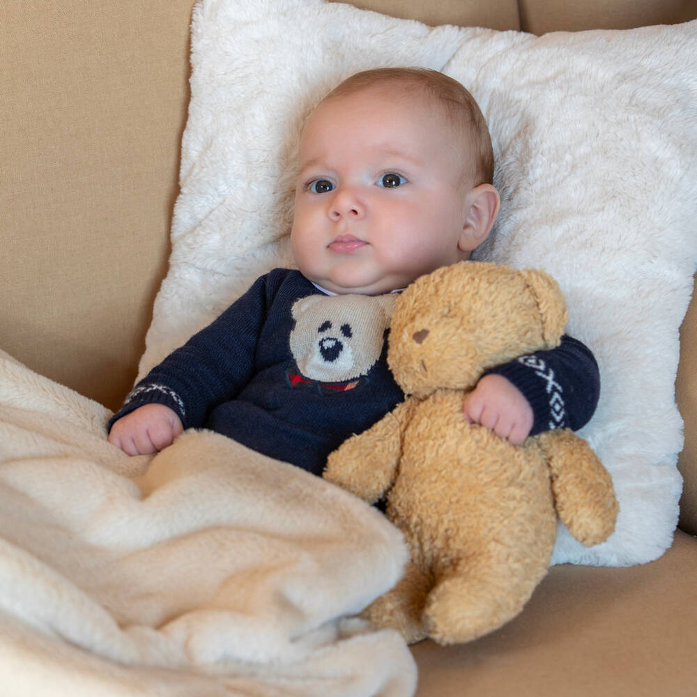 Patachou-Baby Boys Blue Merino Wool & Cashmere Blend Bear Romper | Childrensalon