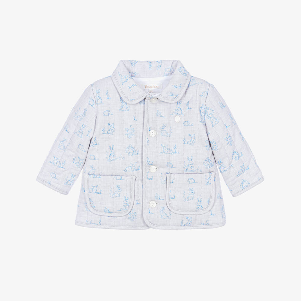 Patachou-Baby Boys Blue Quilted Pram Coat with Woodland Animals  | Childrensalon