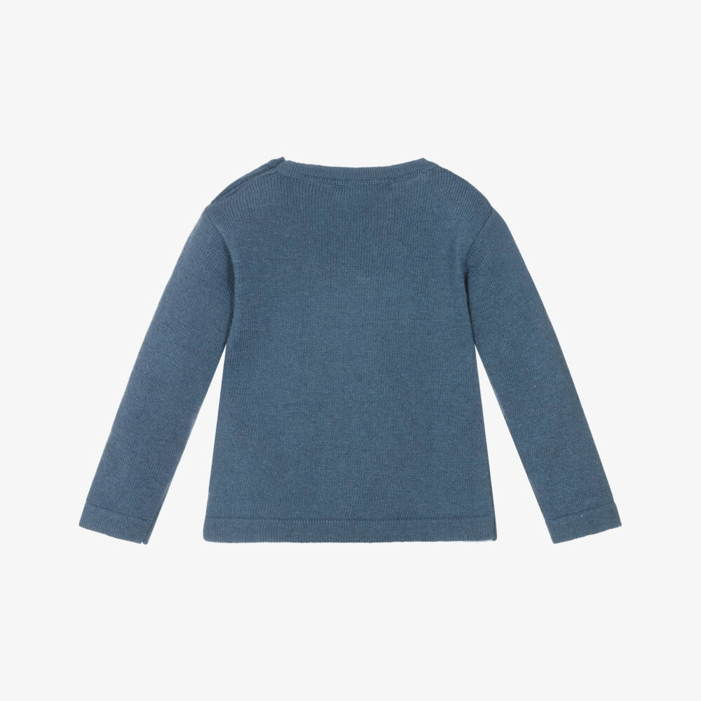 Patachou-Baby Boys Blue Wool & Cashmere Knit Bear Sweater | Childrensalon
