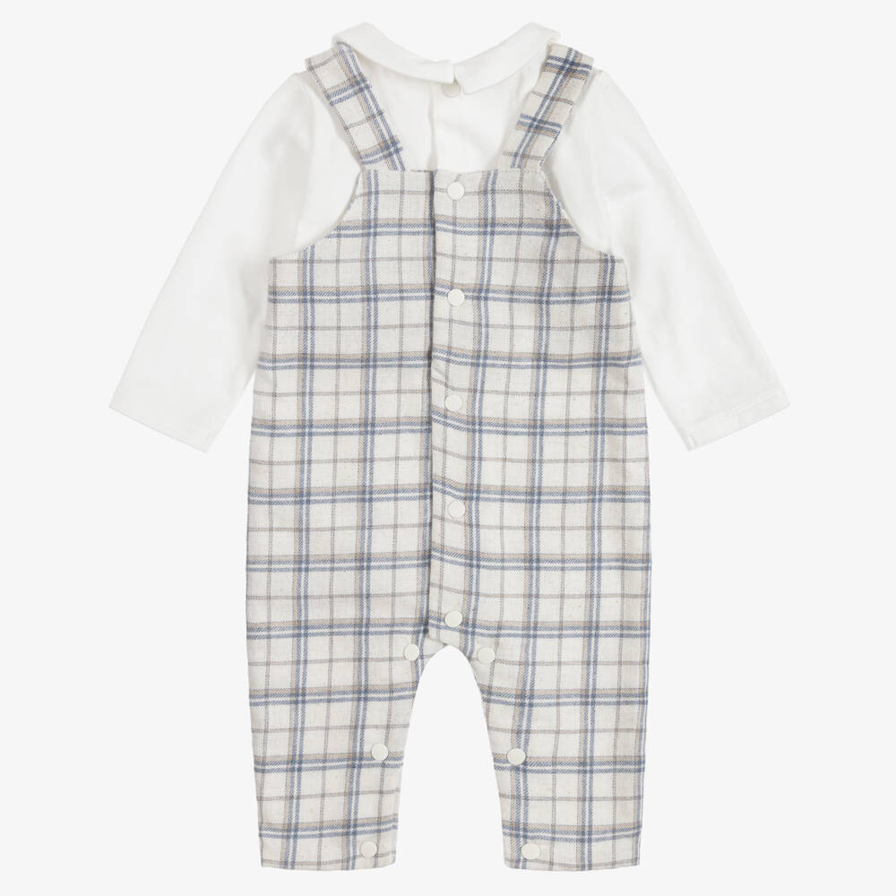 Patachou-Baby Boys Ivory & Blue Check Dungaree Romper | Childrensalon