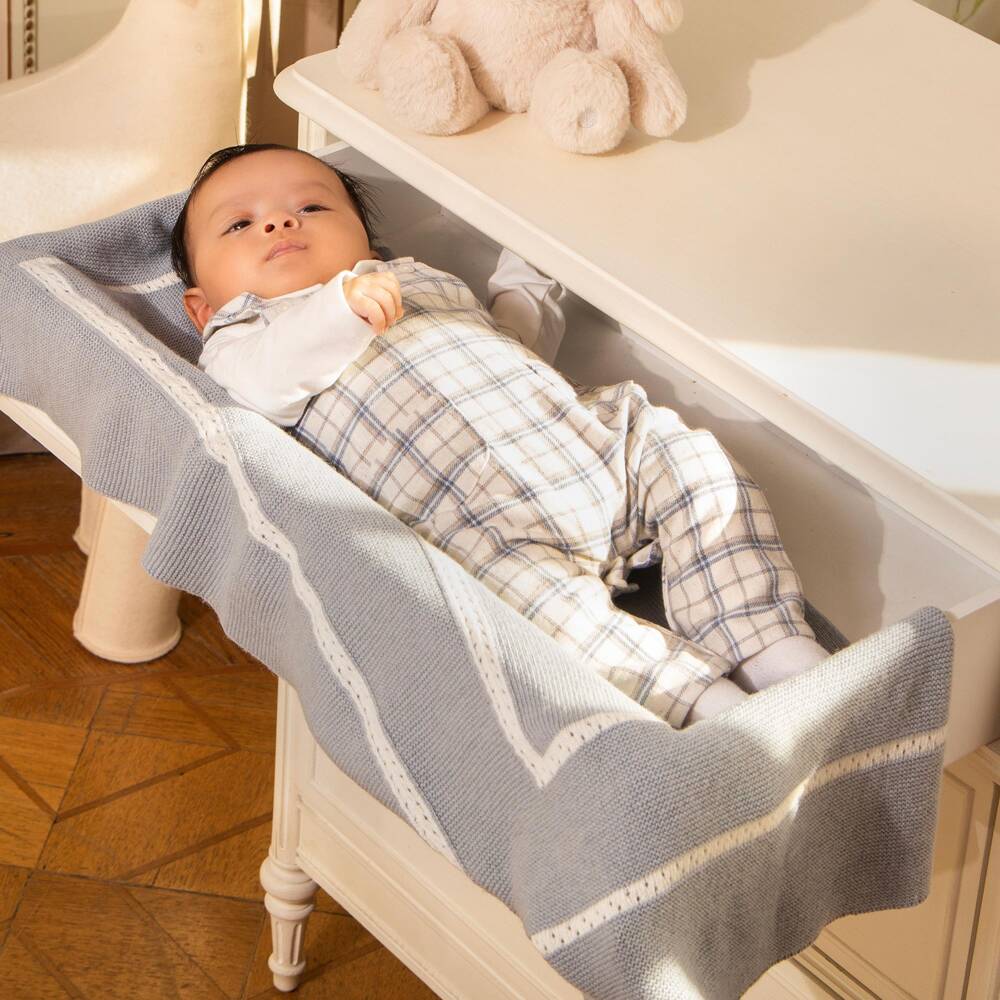 Patachou-Baby Boys Ivory & Blue Check Dungaree Romper | Childrensalon