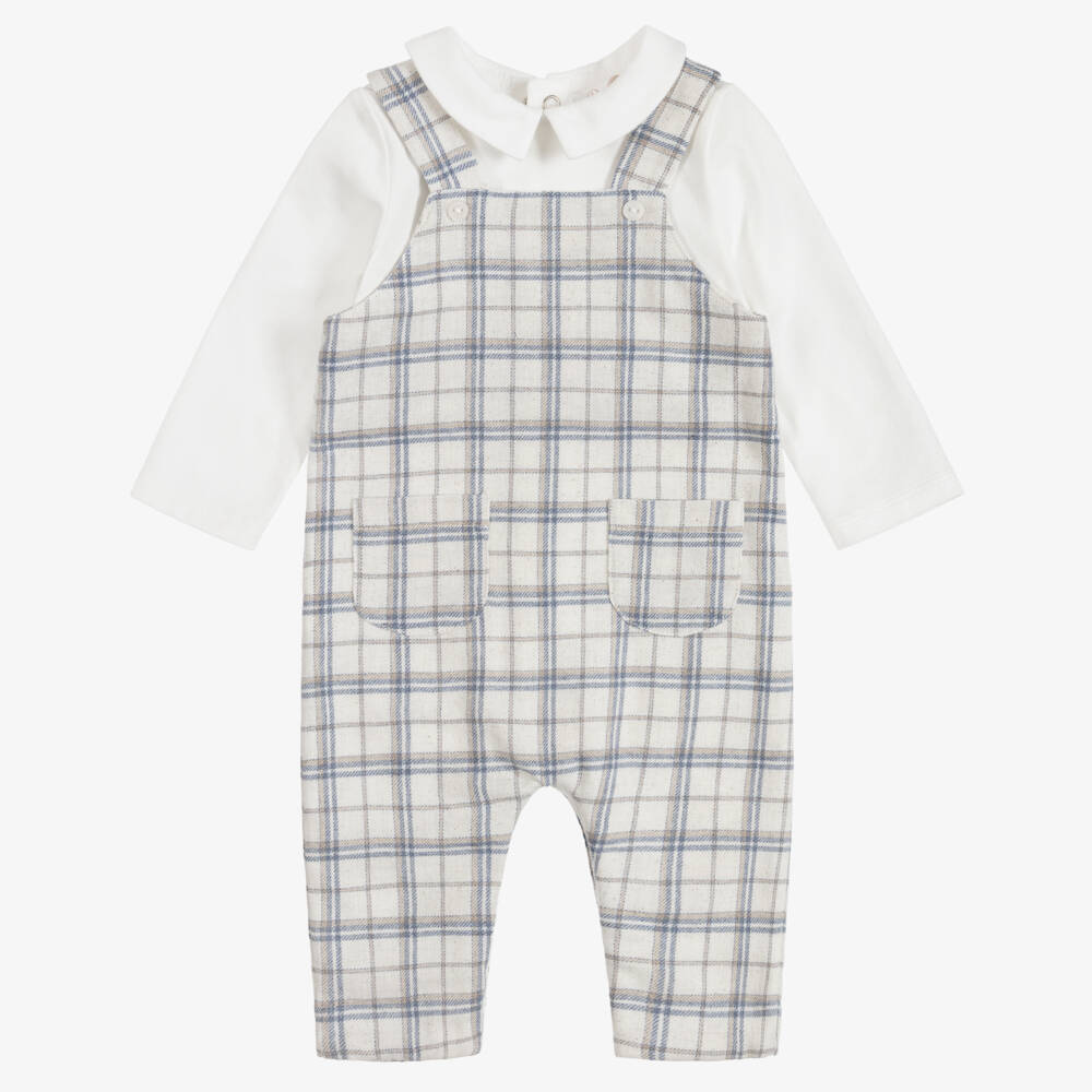 Patachou-Baby Boys Ivory & Blue Check Dungaree Romper | Childrensalon