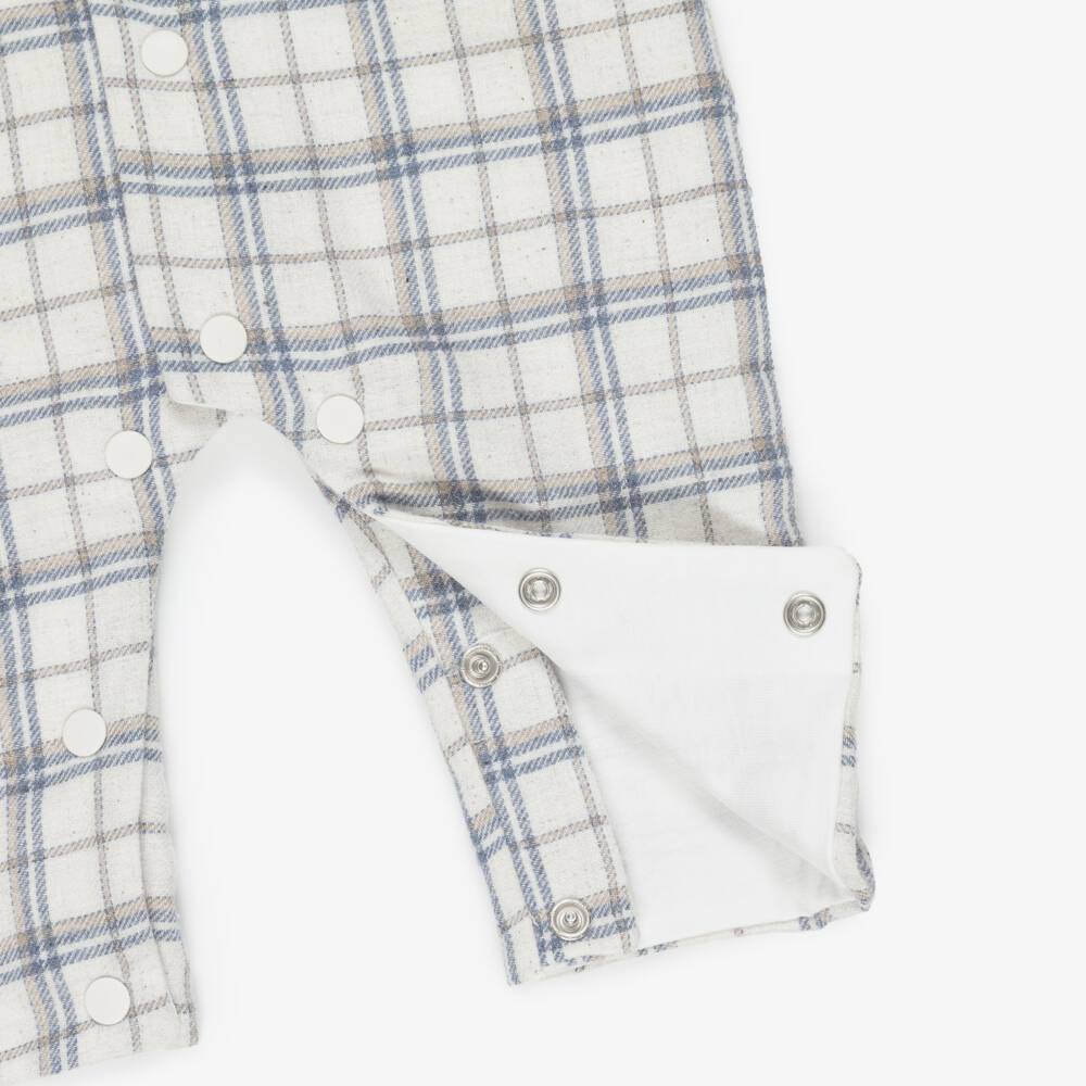 Patachou-Baby Boys Ivory & Blue Check Dungaree Romper | Childrensalon