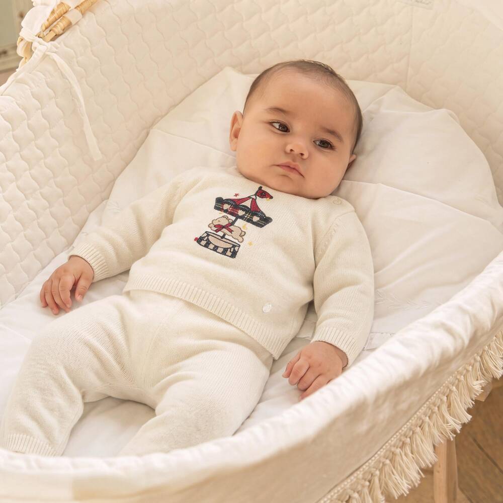Patachou-Baby Boys Ivory Knitted Trouser Set with Carousel Motif | Childrensalon