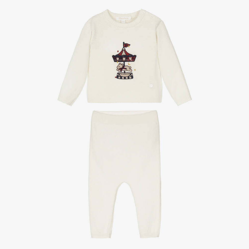 Patachou-Baby Boys Ivory Knitted Trouser Set with Carousel Motif | Childrensalon