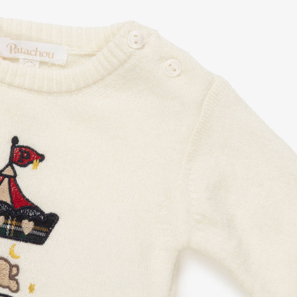 Patachou-Baby Boys Ivory Knitted Trouser Set with Carousel Motif | Childrensalon