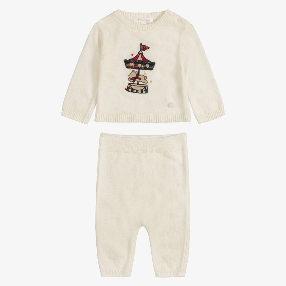 Patachou-Baby Boys Ivory Knitted Trouser Set with Carousel Motif | Childrensalon