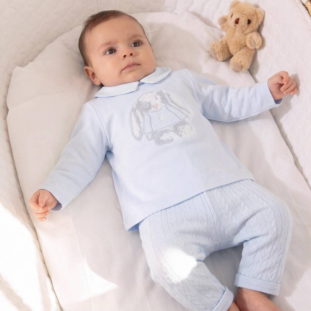 Patachou-Baby Boys Pale Blue Bunny Trouser Set | Childrensalon