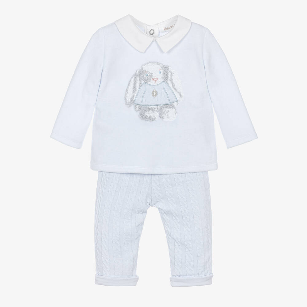 Patachou-Baby Boys Pale Blue Bunny Trouser Set | Childrensalon