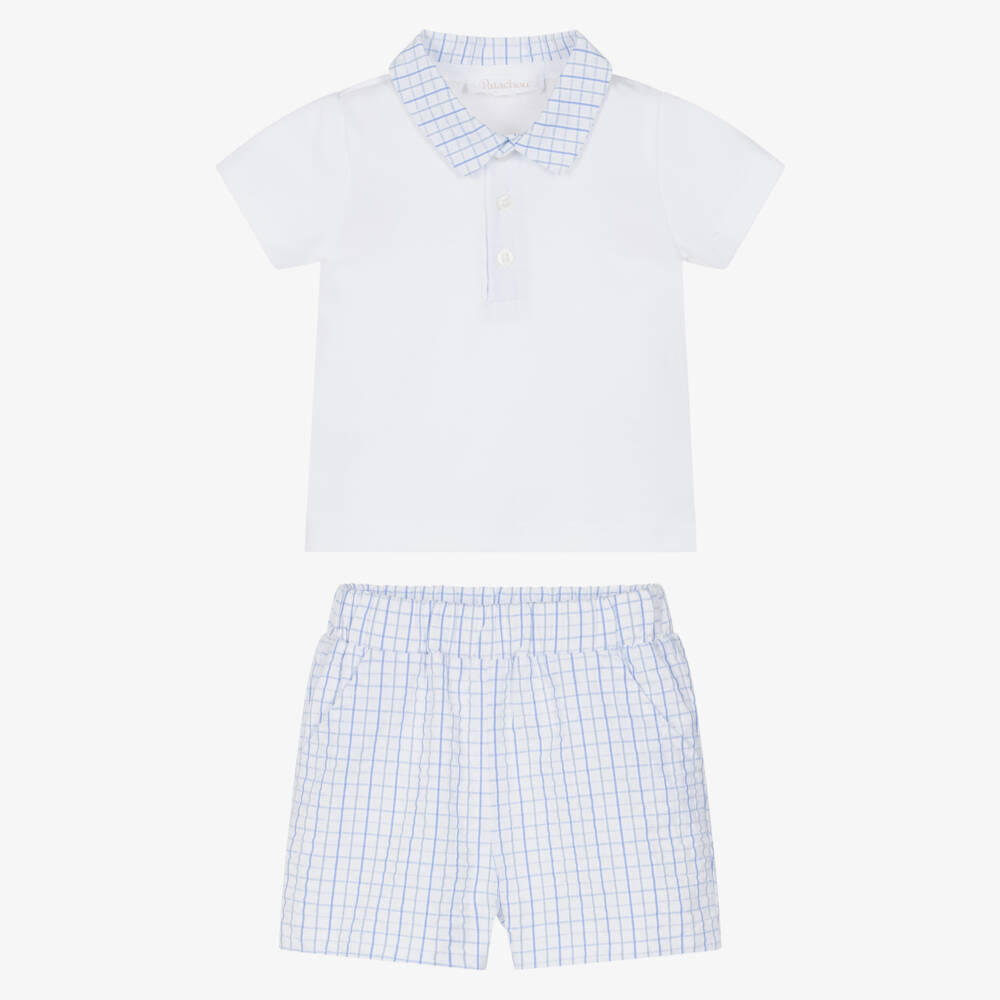Patachou-Baby Boys White & Blue Check Cotton Shorts Set | Childrensalon