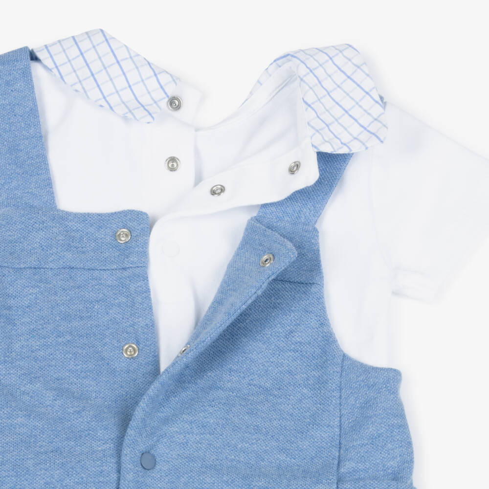 Patachou-Baby Boys White & Blue Cotton Dungaree Shorts Set | Childrensalon