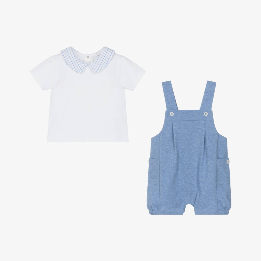 Patachou-Baby Boys White & Blue Cotton Dungaree Shorts Set | Childrensalon