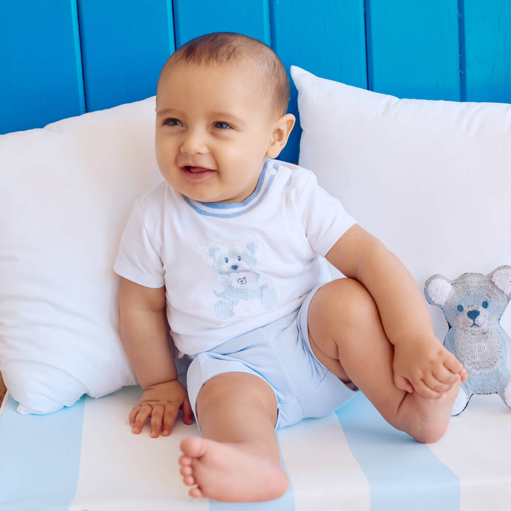 Patachou-Baby Boys White & Blue Teddy Bear Shorts Set | Childrensalon