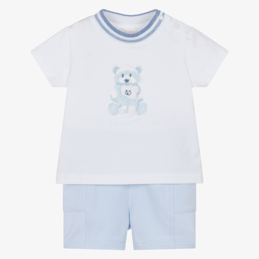 Patachou-Baby Boys White & Blue Teddy Bear Shorts Set | Childrensalon