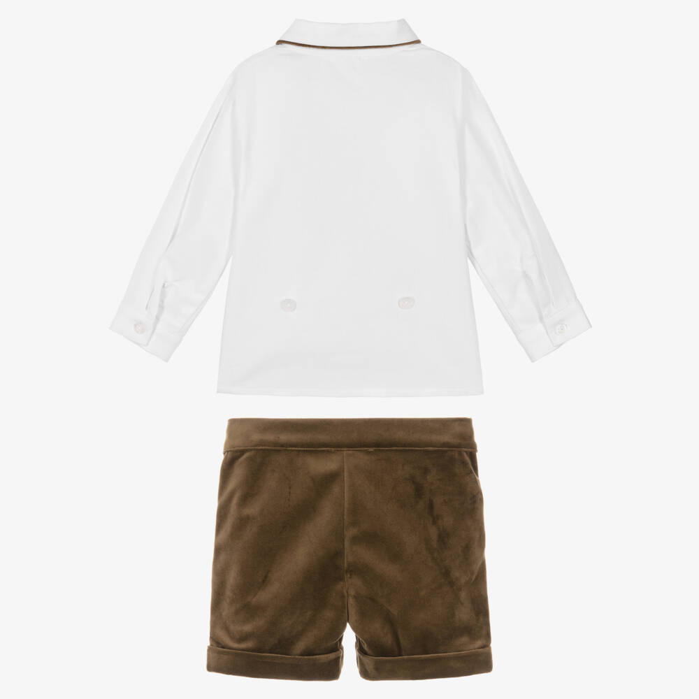 Patachou-Baby Boys White & Brown Velvet Buster Suit | Childrensalon