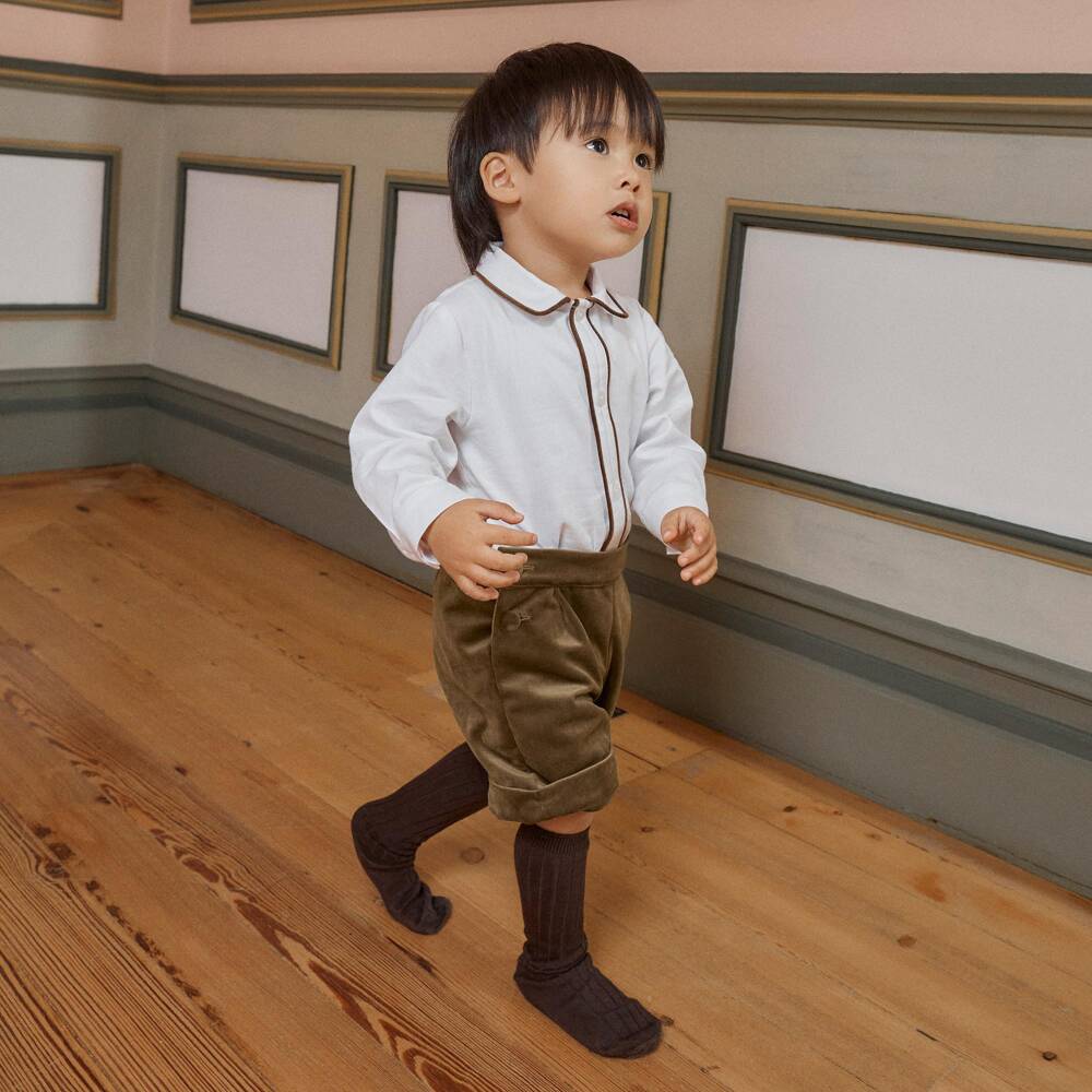 Patachou-Baby Boys White & Brown Velvet Buster Suit | Childrensalon