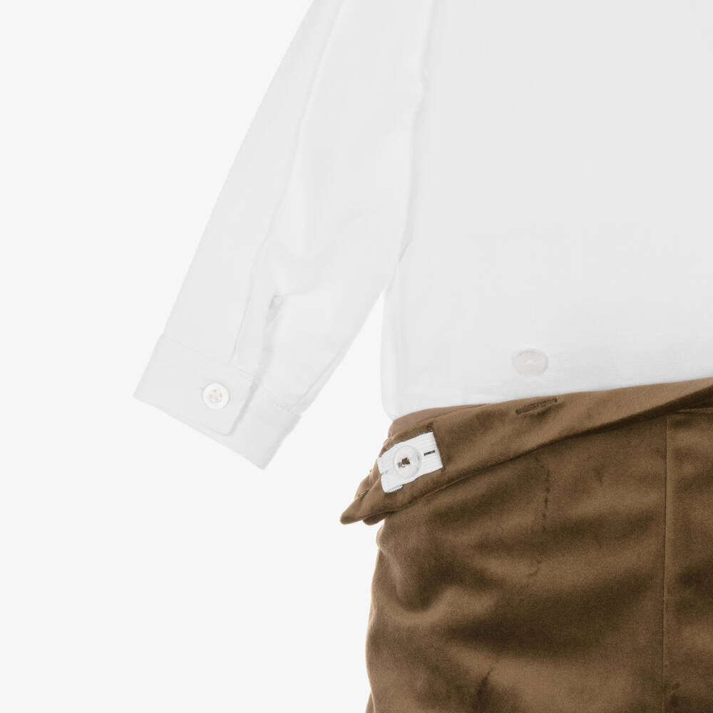 Patachou-Baby Boys White & Brown Velvet Buster Suit | Childrensalon