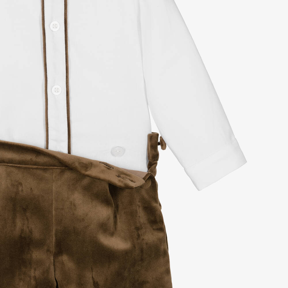 Patachou-Baby Boys White & Brown Velvet Buster Suit | Childrensalon