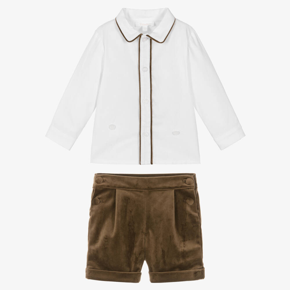 Patachou-Baby Boys White & Brown Velvet Buster Suit | Childrensalon