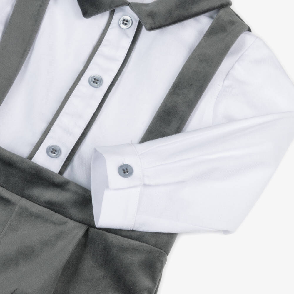 Patachou-Baby Boys White Cotton & Grey Velvet Shortie | Childrensalon