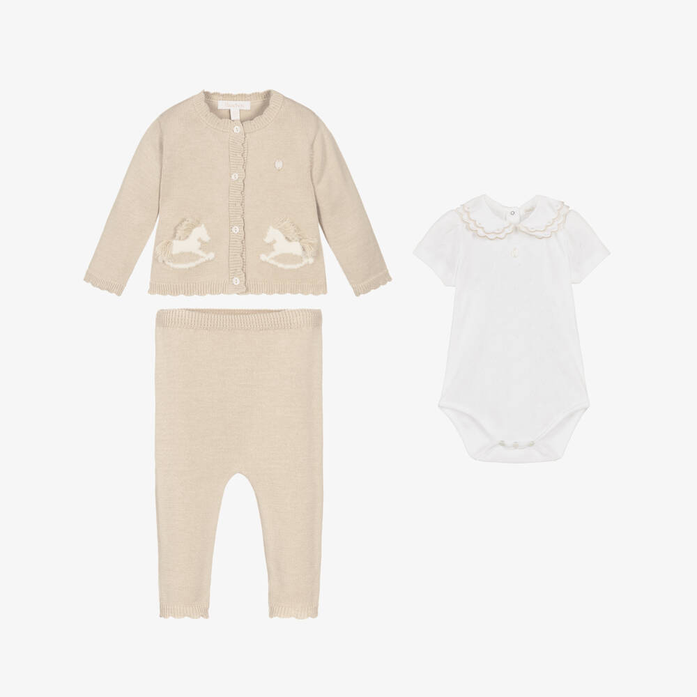 Patachou-Baby Girls Beige Cotton Rocking Horse Trouser Set | Childrensalon