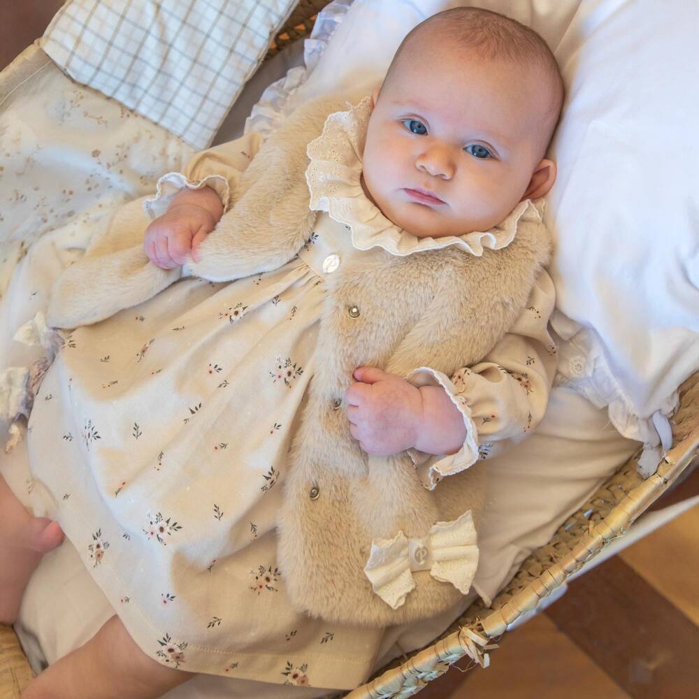 Patachou-Baby Girls Beige Floral Cotton Twill Dress | Childrensalon