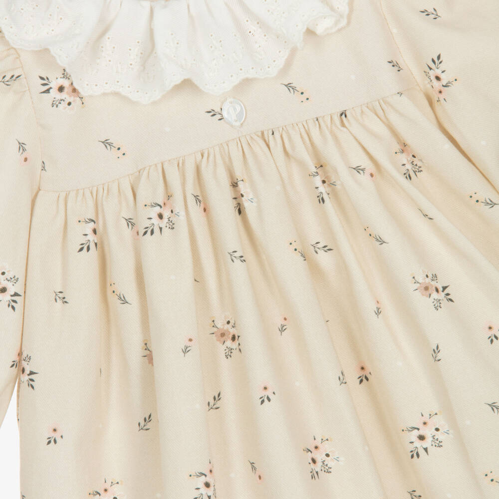 Patachou-Baby Girls Beige Floral Cotton Twill Dress | Childrensalon