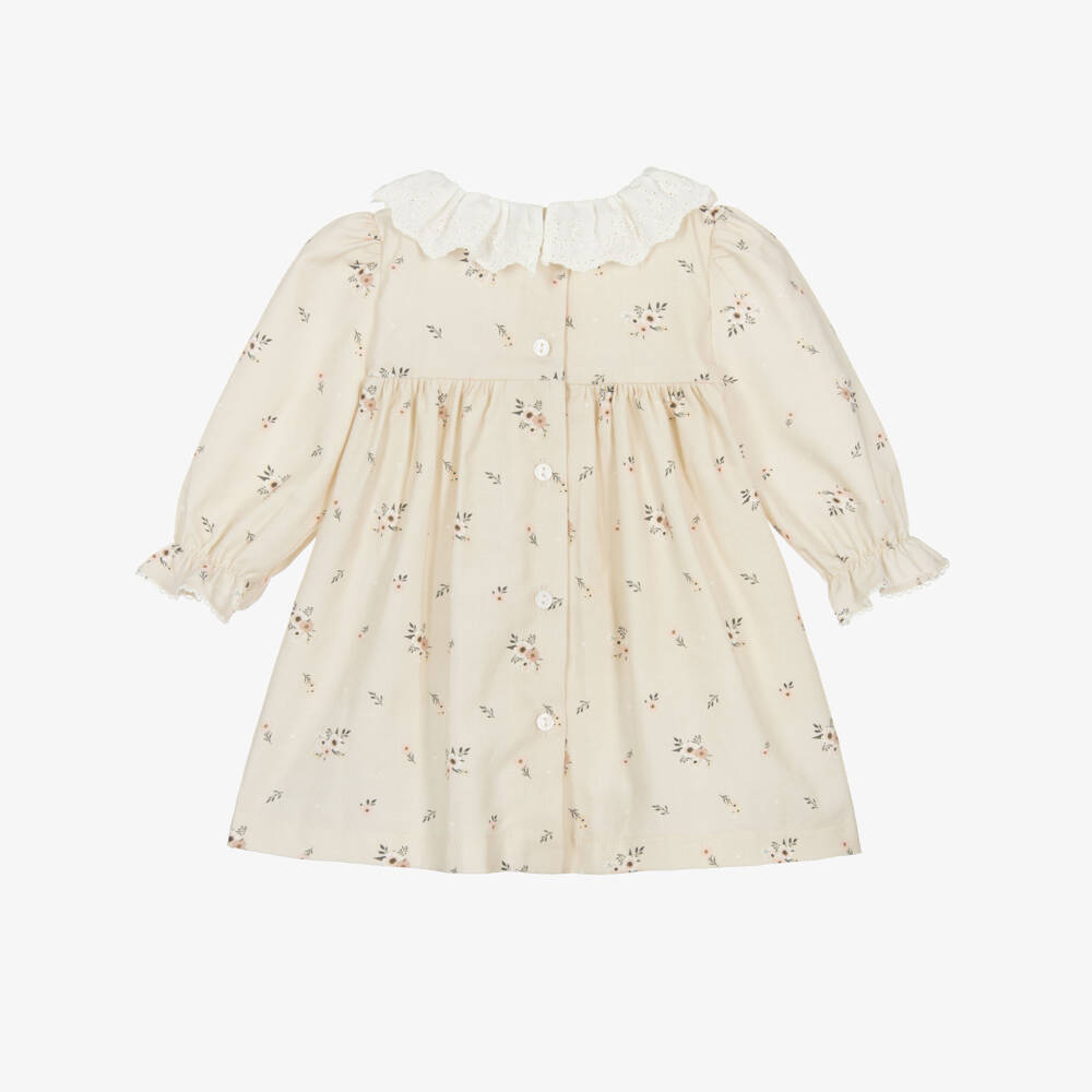 Patachou-Baby Girls Beige Floral Cotton Twill Dress | Childrensalon