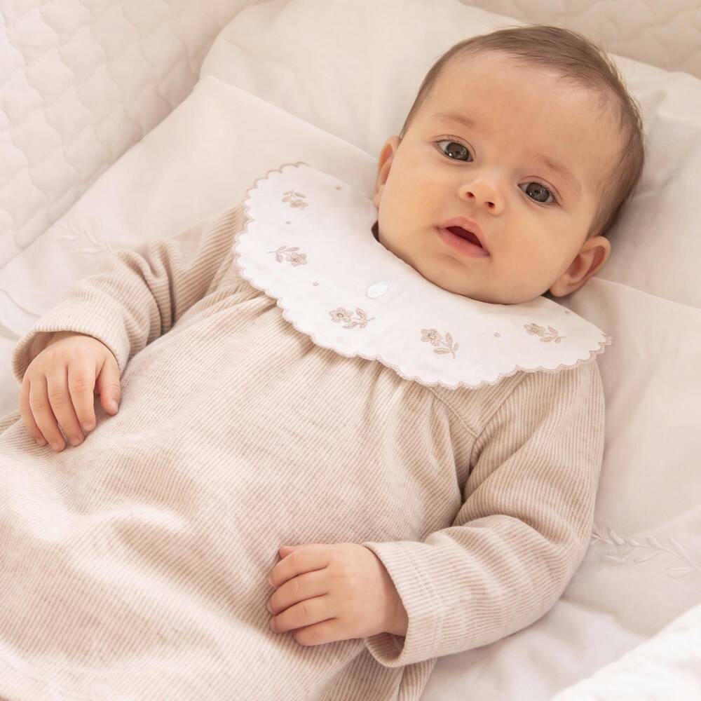 Patachou-Baby Girls Beige Striped Dress with Embroidered Collar | Childrensalon
