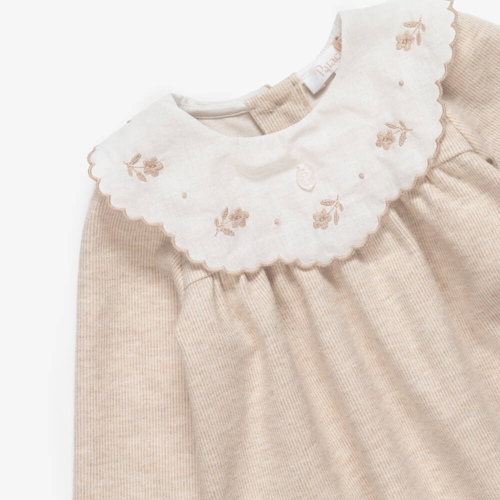 Patachou-Baby Girls Beige Striped Dress with Embroidered Collar | Childrensalon
