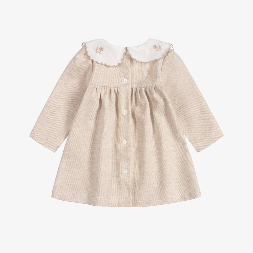 Patachou-Baby Girls Beige Striped Dress with Embroidered Collar | Childrensalon