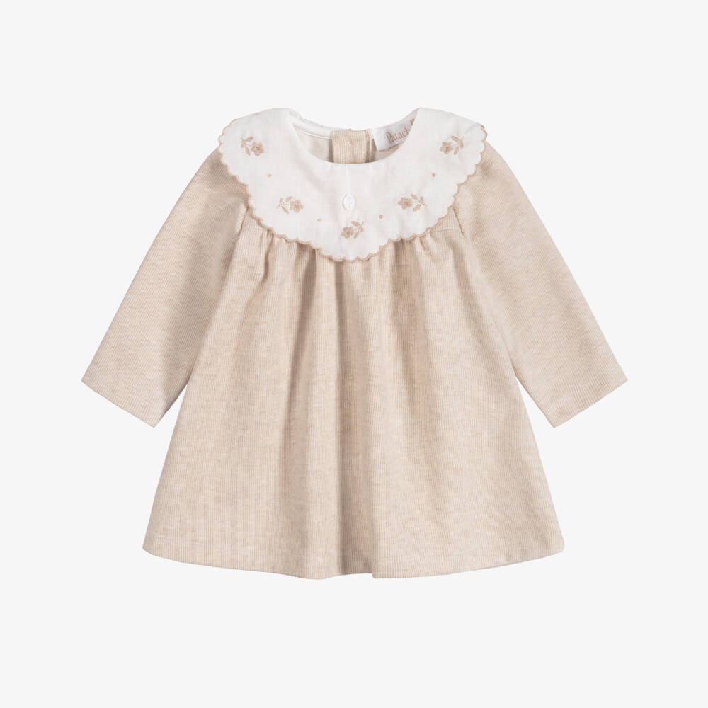 Patachou-Baby Girls Beige Striped Dress with Embroidered Collar  | Childrensalon