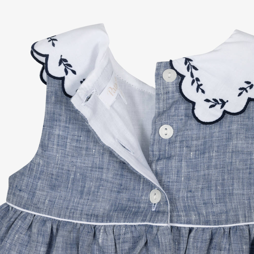 Patachou-Baby Girls Blue & White Cotton Dress with Floral Embroidery | Childrensalon