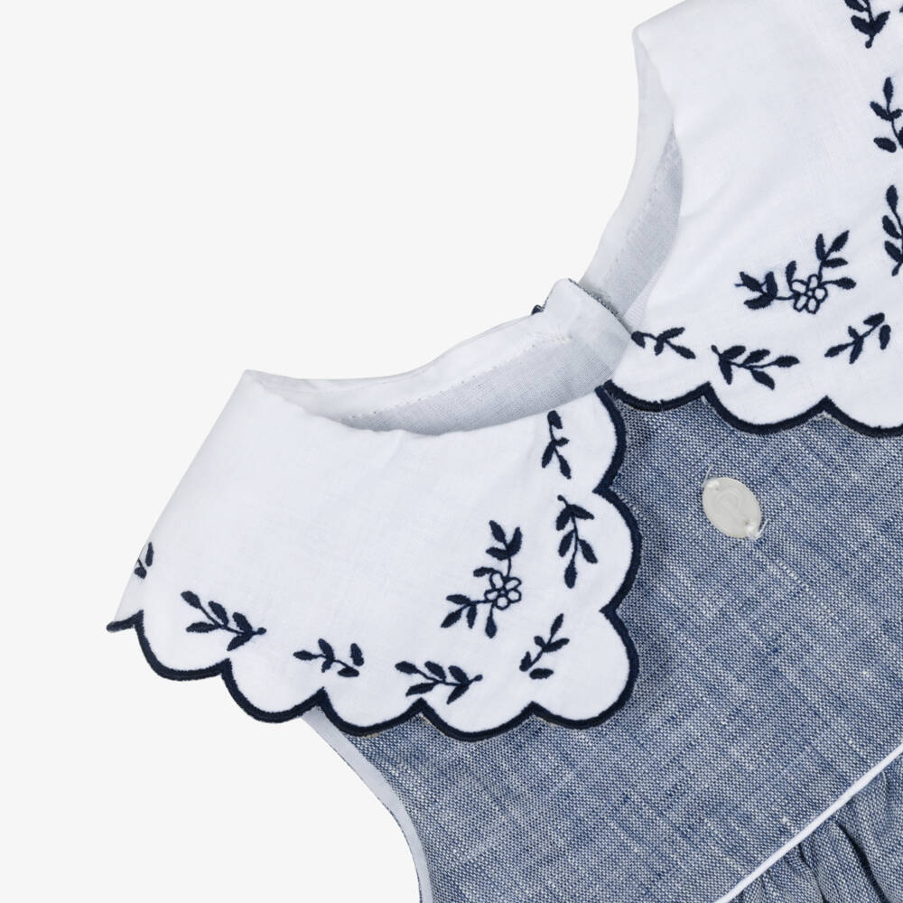 Patachou-Baby Girls Blue & White Cotton Dress with Floral Embroidery | Childrensalon