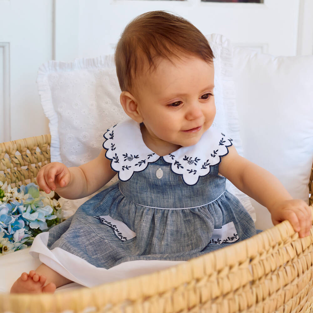 Patachou-Платье сине-белое из хлопка с цветочной вышивкой для малышек | Childrensalon