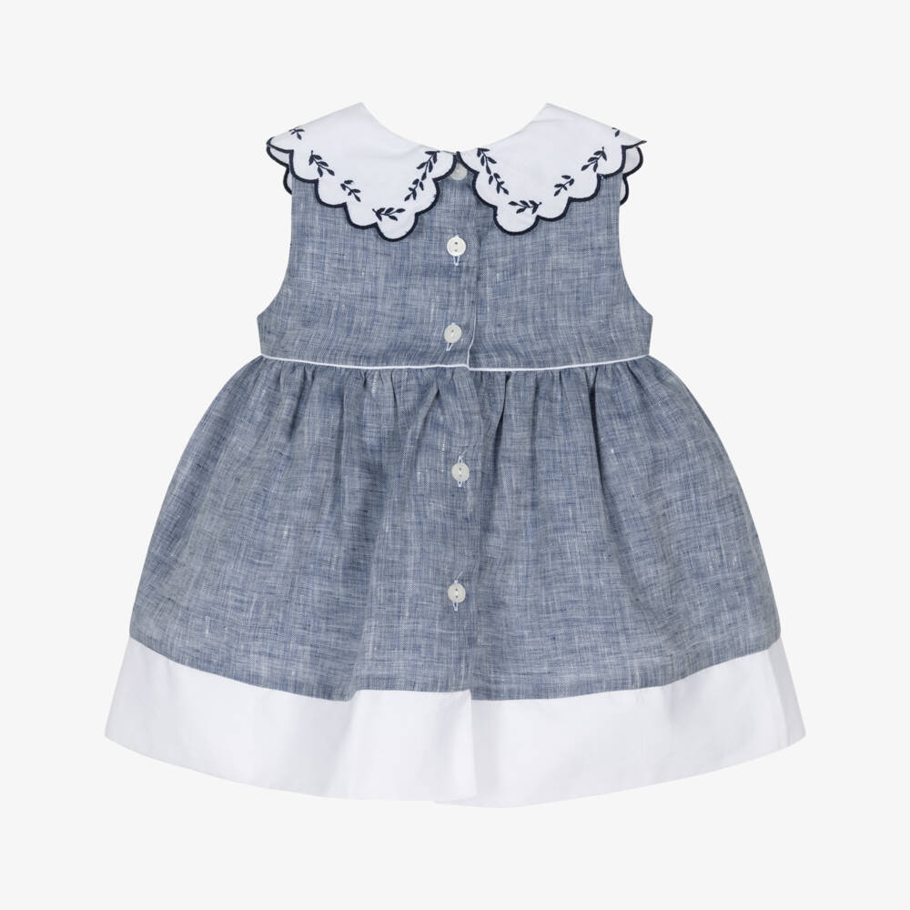 Patachou-Baby Girls Blue & White Cotton Dress with Floral Embroidery | Childrensalon