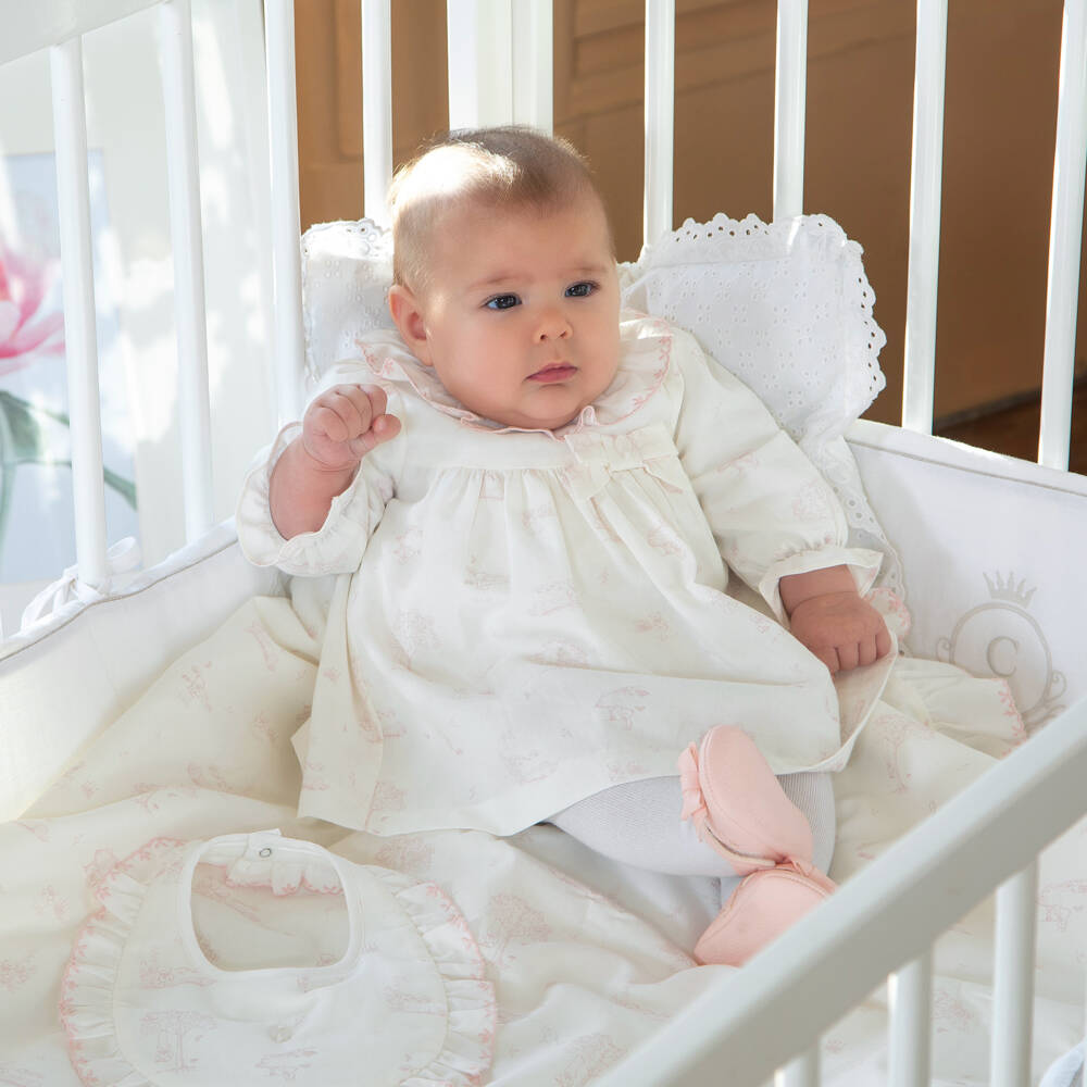 Patachou-Baby Girls Ivory & Pink Cotton Padded Blanket (80cm) | Childrensalon