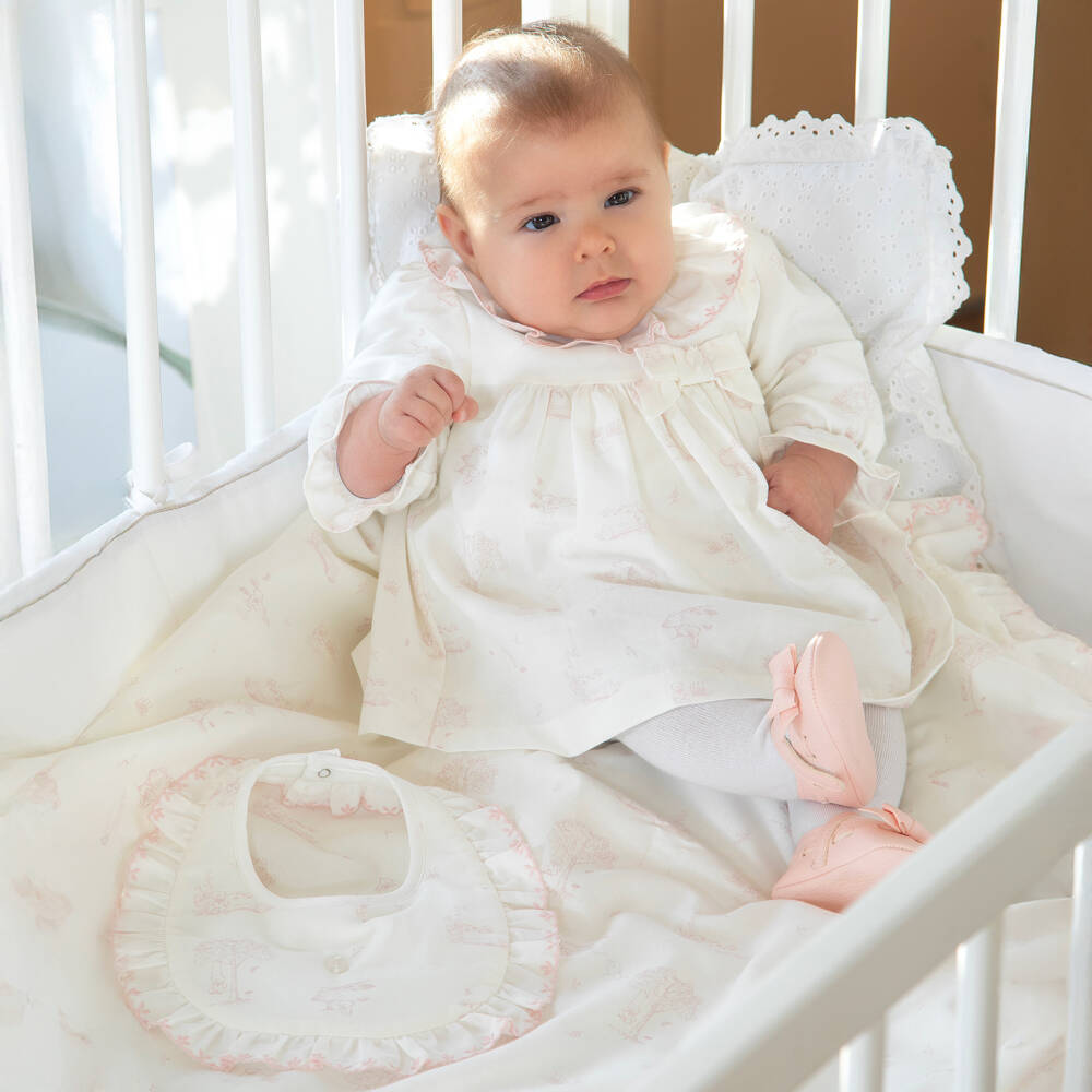 Patachou-Baby Girls Ivory & Pink Printed Cotton Bib | Childrensalon