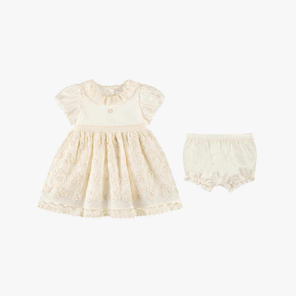 Patachou-Baby Girls Ivory Satin & Embroidered Tulle Dress | Childrensalon