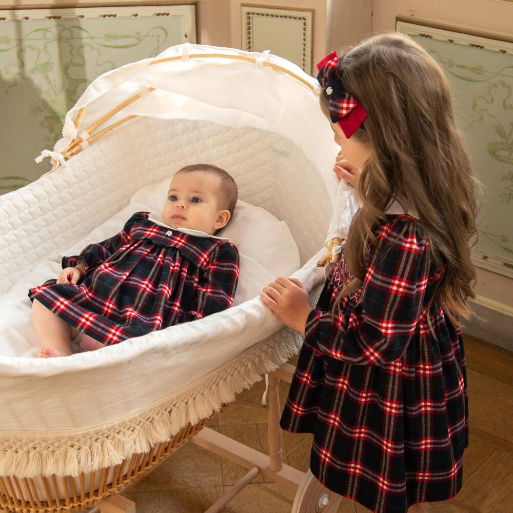 Patachou-Baby Girls Navy Blue & Red Tartan Check Dress | Childrensalon