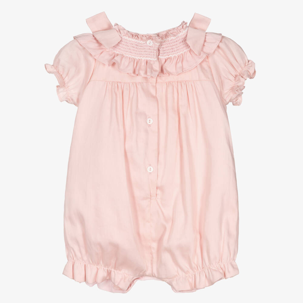 Patachou-Baby Girls Pink Cotton Shortie with Smocking & Bows | Childrensalon