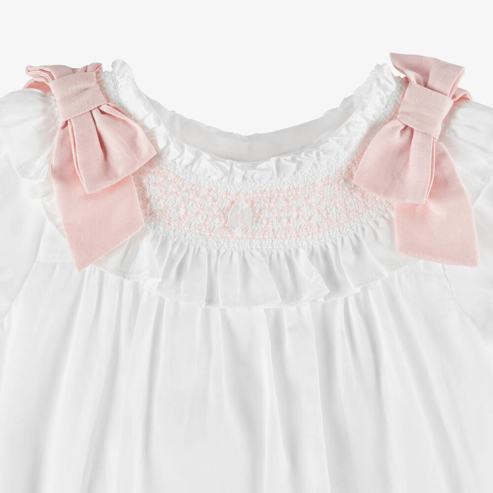Patachou-Baby Girls Pink Cotton Shortie with Smocking & Bows | Childrensalon
