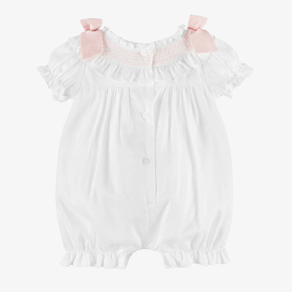 Patachou-Baby Girls Pink Cotton Shortie with Smocking & Bows | Childrensalon