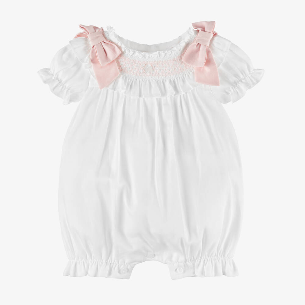 Patachou-Baby Girls Pink Cotton Shortie with Smocking & Bows | Childrensalon