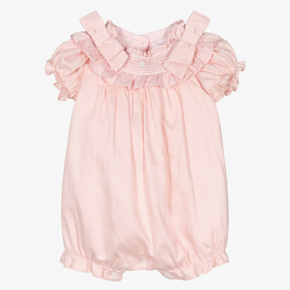 Patachou-Baby Girls Pink Cotton Shortie with Smocking & Bows | Childrensalon