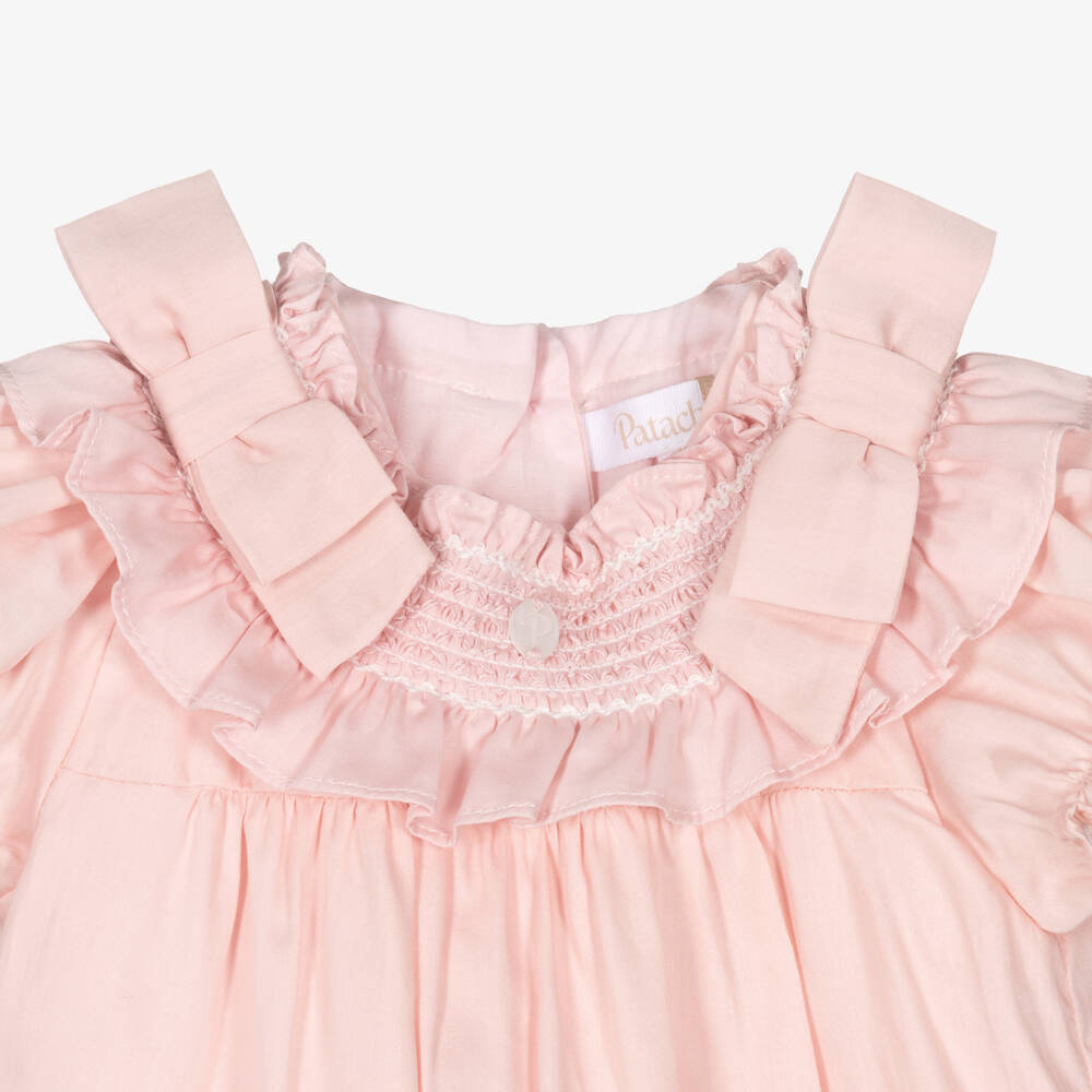 Patachou-Baby Girls Pink Cotton Shortie with Smocking & Bows | Childrensalon