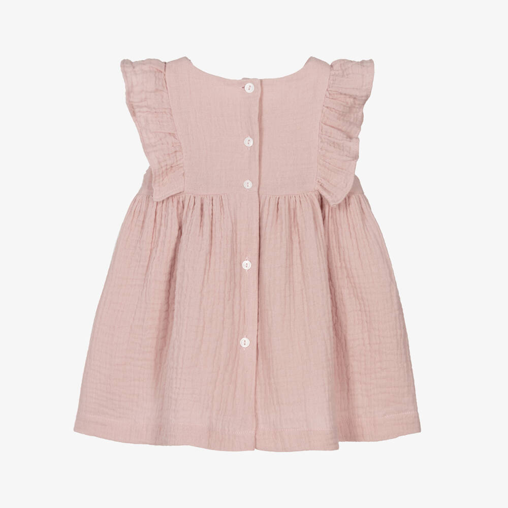 Patachou-Baby Girls Pink Embroidered Cotton Muslin Dress | Childrensalon