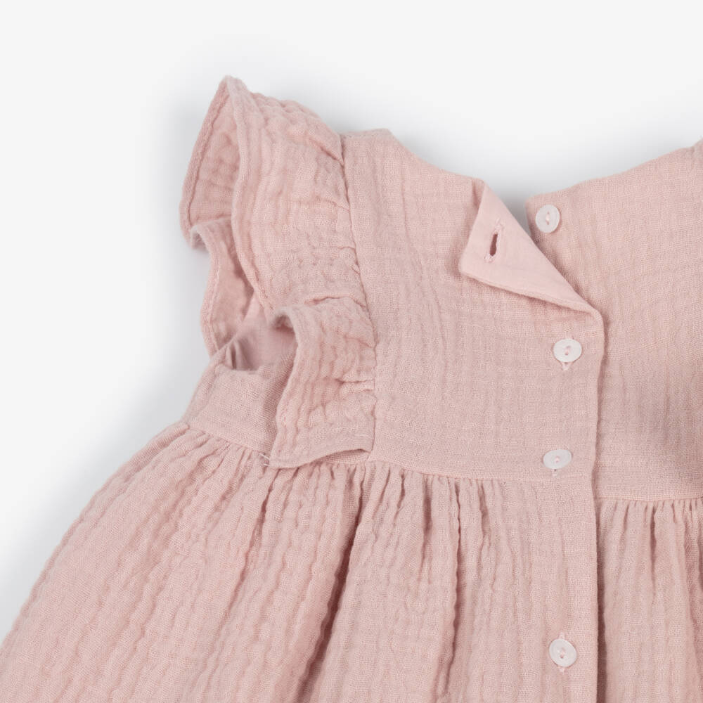 Patachou-Baby Girls Pink Embroidered Cotton Muslin Dress | Childrensalon