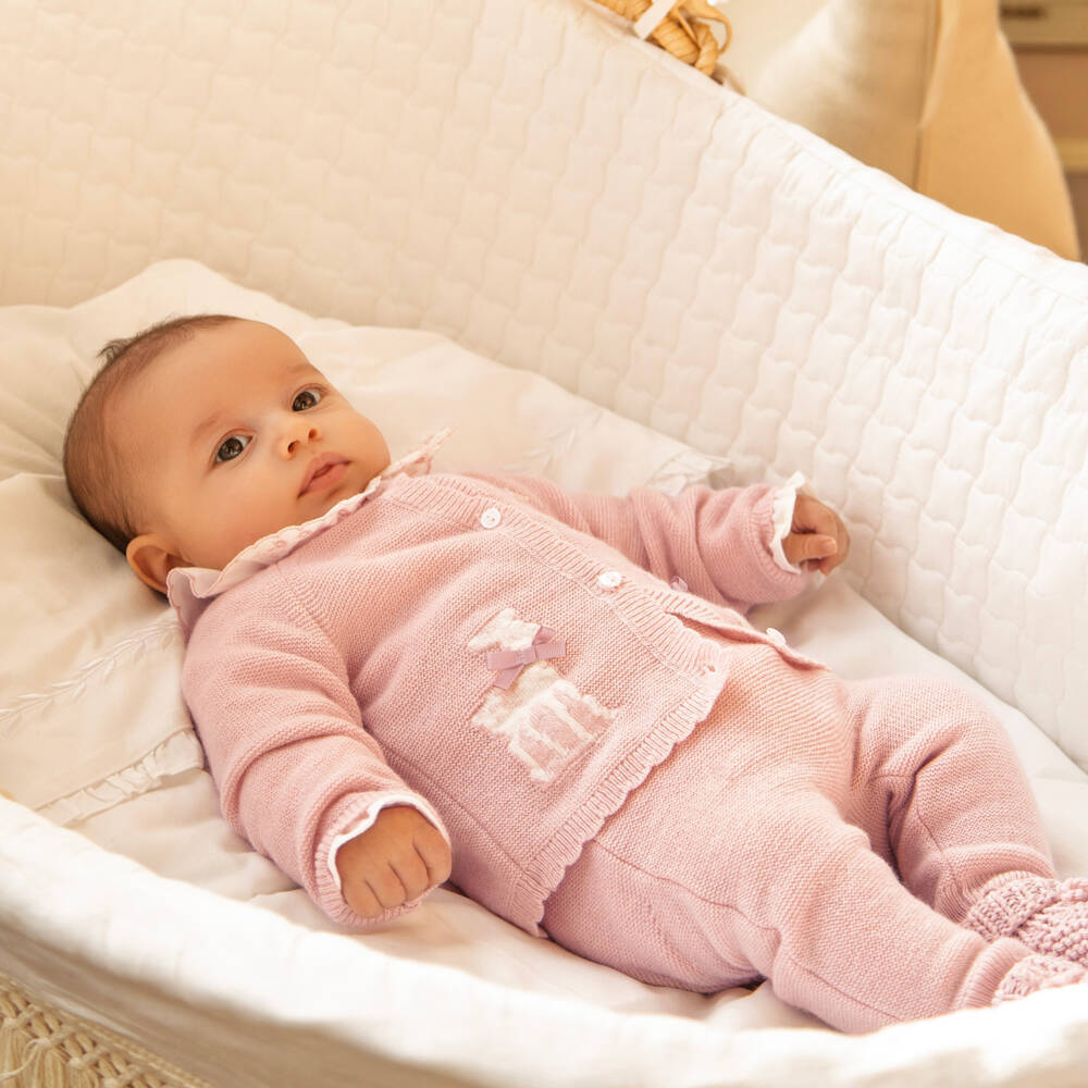 Patachou-Baby Girls Pink Knit Cardigan & Trouser Set | Childrensalon